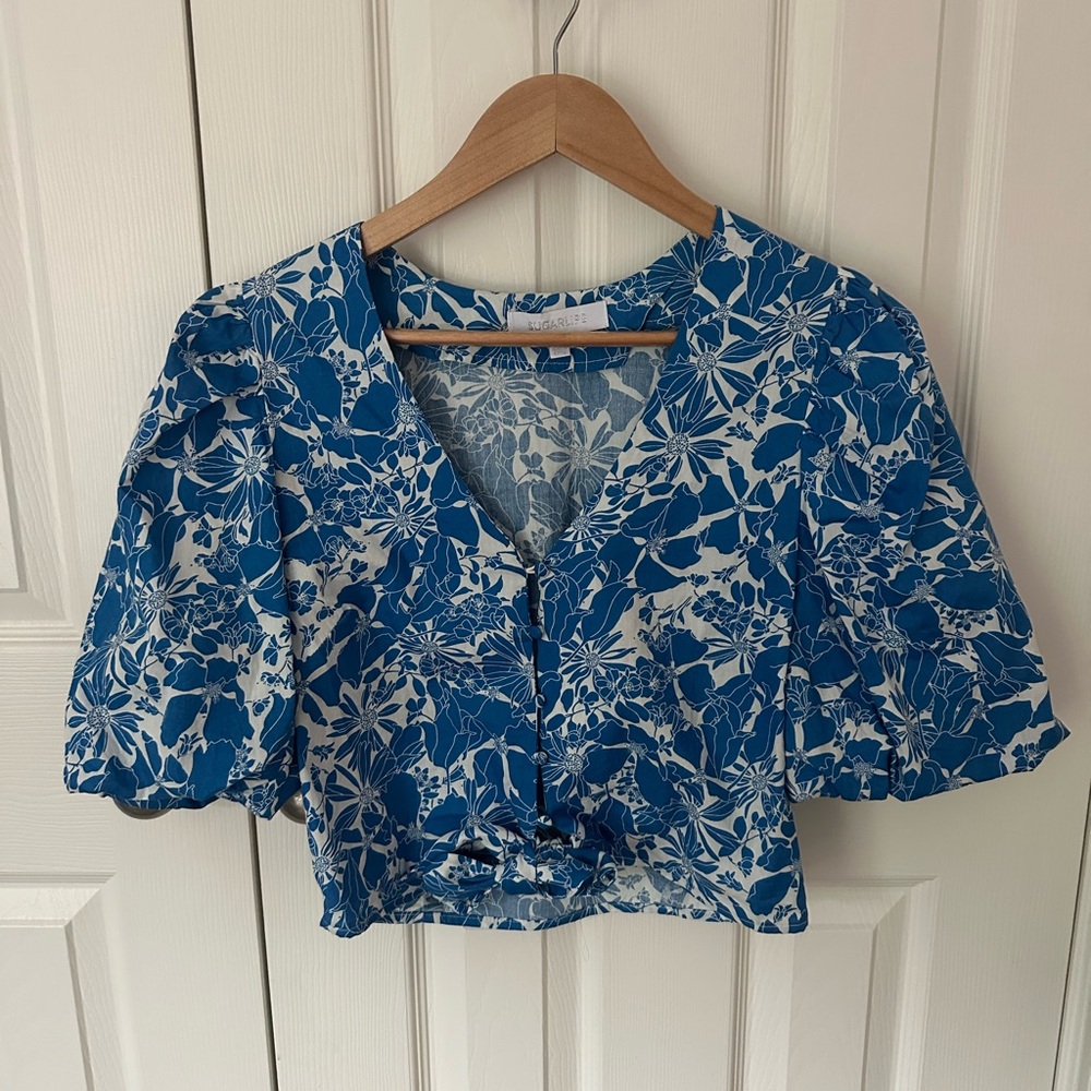 Sugarlips Blue and White Ruched Crop Blouse